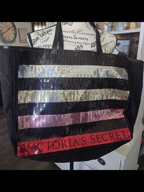 Victoria's Secret Black Tote with Multicolor Sequin Stripes